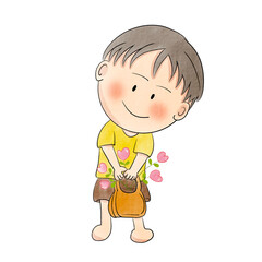 Boy wearing yellow shirt in various characters with hearts