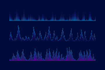 Sound equalizer and visualication set. Music wave bars collection. Podcast, audio tracks or voice messages. Diagram, chart or signal concepts. 