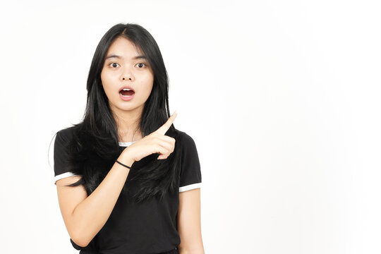 Shocked face Showing Product and Pointing Side using forefinger Of Beautiful Asian Woman