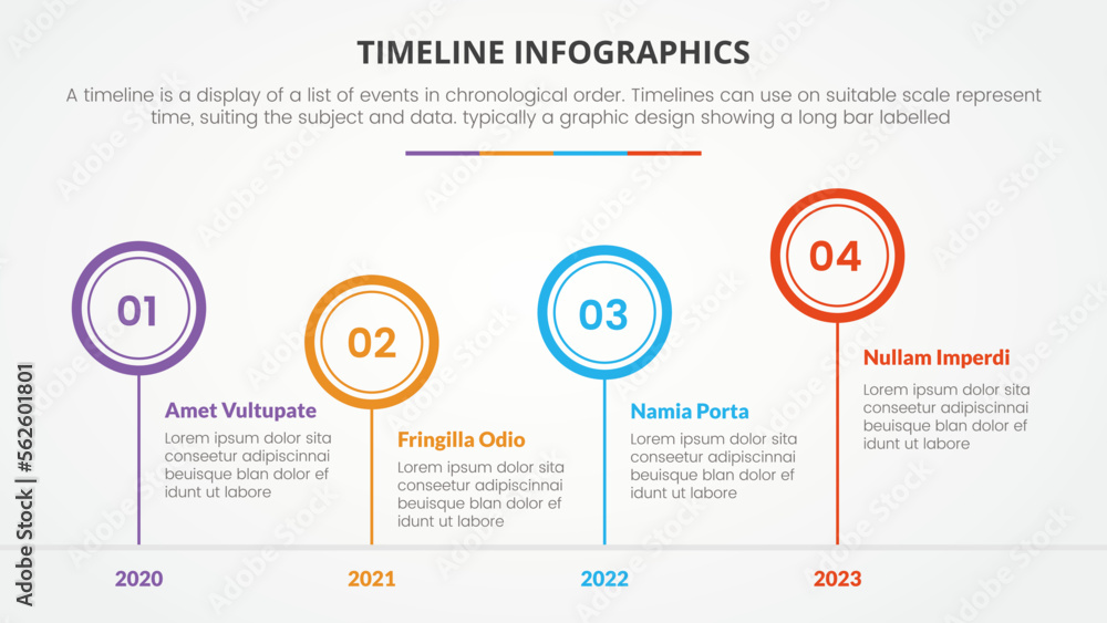 Aufkleber timeline infographic concept with circle and year number description for slide presentation with 4 point list