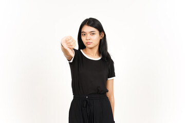 Showing Thumbs Down Sign Of Beautiful Asian Woman Isolated On White Background