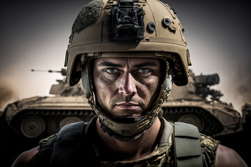 Close-up face portrait of serious soldier in sand uniform with helmet ready for defense before war. AI generative