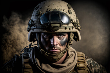 Close-up face portrait of serious soldier in sand uniform with helmet ready for defense before war. AI generative