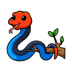 Fototapeta premium Cute red headed krait snake cartoon on tree branch