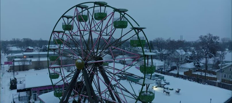 Descending Aerial Of Snow Covered Ferris Wheel At Betty Danger's NE Minneapolis