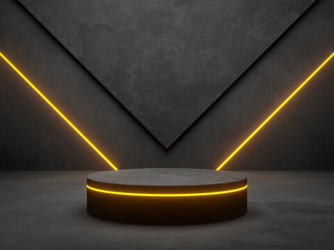 3D cement podium with yellow neon light.