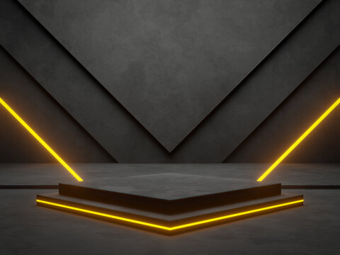 3D cement podium with yellow neon light.
