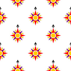 Seamless Pattern with Antique Vintage Map Style  Decorative Compass Rose Icon with a Fleur-de-lis as North Arrow Mark Symbol. Vector Image.