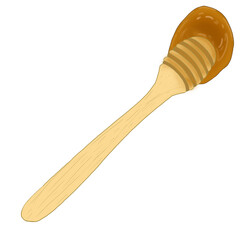 Wooden Honey Dipper with Honey, Wooden dipper isolated on white background. Honey stick or spoon. Traditional food utensil. Honey scoop icon or logo.Stock vector illustration