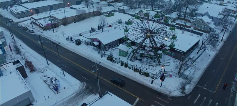 Wide Aerial Circling Ferris Wheel At Betty Danger's NE Minneapolis MN In Winter