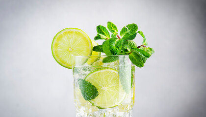 Mojito classic summer alcoholic cocktail with lime, white rum, soda, cane sugar, mint, and ice in highball glass on gray background. Copy space