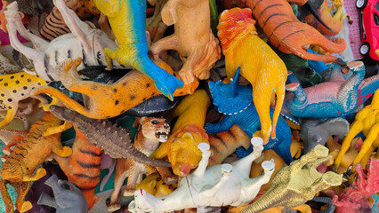 Pile of various animal toys. Studio shot