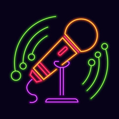 Neon sign of karaoke club, glowing microphone