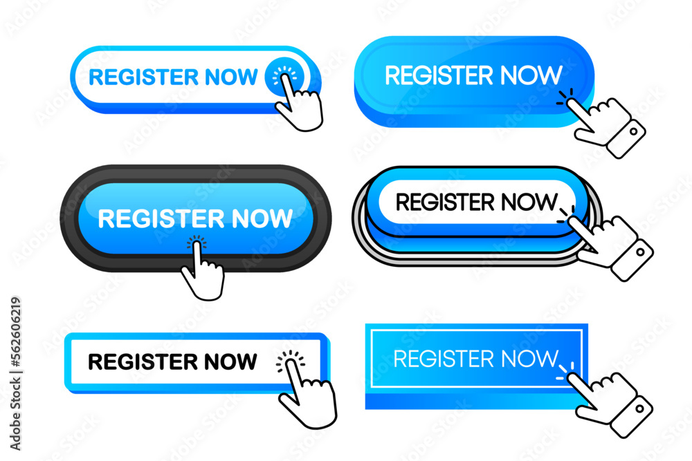 Poster register now vector blue button collection in different flat style. register now icon isolated on wh