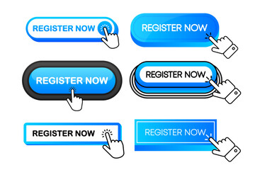 Register Now vector blue button collection in different flat style. Register Now icon isolated on white background. Vector illustration.