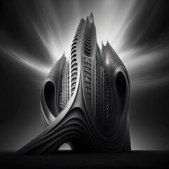 Futuristic architecture, monochrome and inspired by my own photography then re-imagined in MidJourney.