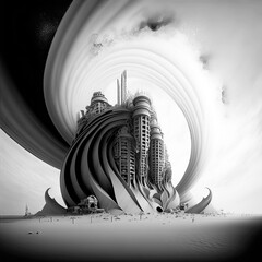 Futuristic architecture, monochrome and inspired by my own photography then re-imagined in MidJourney.