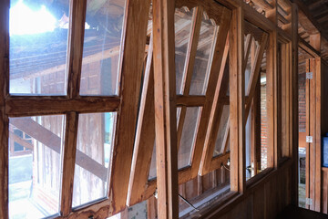 Artistic Javanese traditional wood window frames of local house