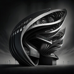Futuristic architecture, monochrome and inspired by my own photography then re-imagined in MidJourney.