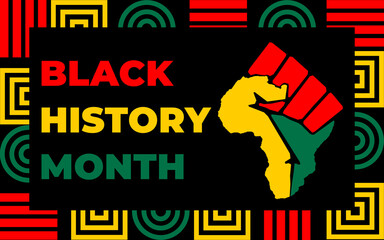 Black history month 2023 Celebration Background.  Black History Month text with human Fist and Seamless Pattern. Celebrated annually in February in the USA and Canada.