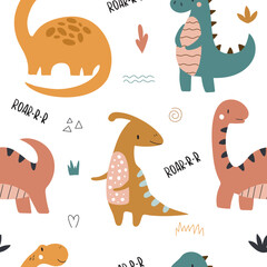 childish seamless pattern with dinosaurs for fashion clothes, fabric, t-shirts. hand drawn vector.