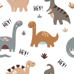 childish seamless pattern with dinosaurs for fashion clothes, fabric, t-shirts. hand drawn vector.