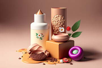 Cosmetics products and their ingredients, 3d illustration made with Generative AI