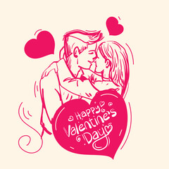 Happy valentines day greeting card vector illustration with hugging couple and love icon. valentine's day illustration, template, banner, background design. Couple romantic moment line art drawing