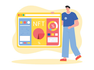 Character explains the NFT business through data analysis and diagrams. Non fungible token vector illustration.