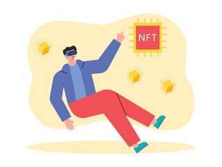 Character in VR glasses creating NFT art. Virtual reality illustration. 	