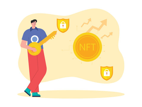 Music and NFT are the digital business of the future. Character, musical instruments, shields and coins in trendy illustrations