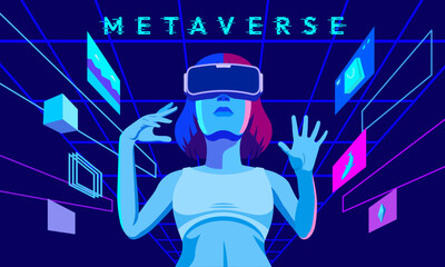 Metaverse digital cyber technology women wear VR goggles and headsets connected to virtual reality.