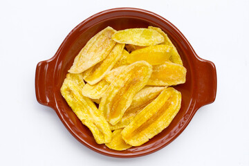 Banana slice chips on white background