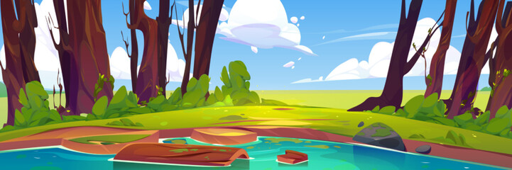 Obraz na płótnie Canvas Nature scene with lake. Summer landscape with green trees, grass, bushes, pond and wooden log in water. Fields, river coast and clouds in sky, vector cartoon illustration