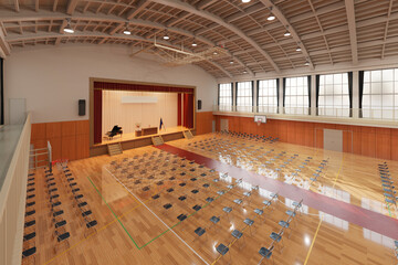 卒業式・入学式会場が設営された体育館 / スクールライフ・学園ロケーション・青春とノスタルジーのコンセプトイメージ / 3Dレンダリング
