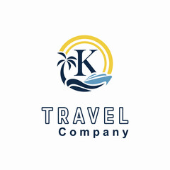 Initial K Letter With Coconut Palm Tree, Marine Ship, Sun Icon for Travel Guide Business Logo Idea Template
