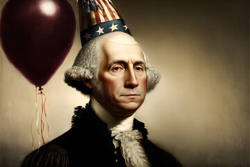 George Washington waering Birthday hat with Birthday ballon as background, generative ai