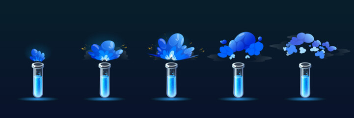 Potion bottle with puff cloud animation set isolated on background. Vector cartoon illustration of glass flasks or test tube with magic blue elixir, explosion or evaporation gas effect © klyaksun