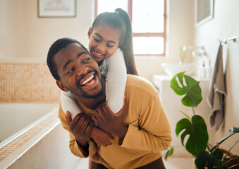 Black family, father and child in a happy home with love, care and support while in bathroom. Man...