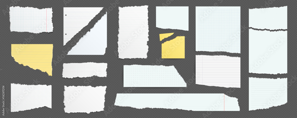 Poster torn notebook paper pages and scraps with ripped edges. blank white and yellow shreds, torn notes an
