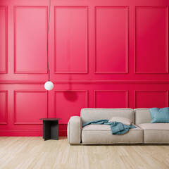 3d rendering living room interior design and decoration with classic wall panel in viva mageta color, fabric sofa, parquet floor.