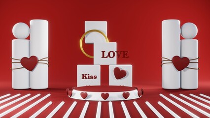 3D rendering of red podium for Valentine products on Valentine's Day.