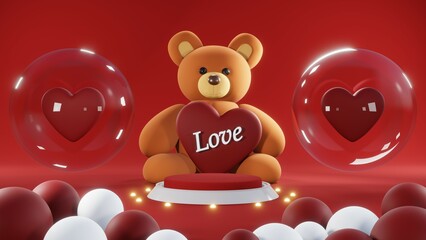 3D rendering of red podium for Valentine products on Valentine's Day.