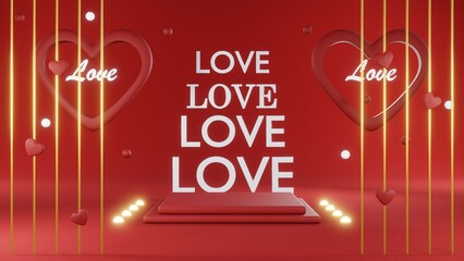 3D rendering of red podium for Valentine products on Valentine's Day.