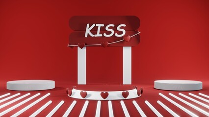 3D rendering of red podium for Valentine products on Valentine's Day.