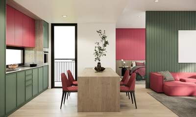3d rendering mock up apartment room interior design and decoration with green and viva magenta color furniture, fabric sofa, wooden dining table and chairs with bluit in kitchen.
