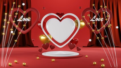 3D rendering of red podium for Valentine products on Valentine's Day.