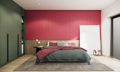 Modern trendy bedroom interior design and decoration with viva magenta color and dark green wall, wooden parquet floor, empty canvas frame and sunight from blind window. 3d rendering bedroom.
