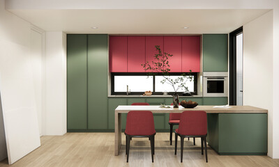 kitchen counter interior design and decoration withh built in counter and cabinets. 3d rendering mock up kichen room interior design.