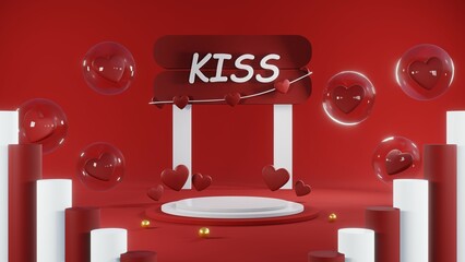 3D rendering of red podium for Valentine products on Valentine's Day.